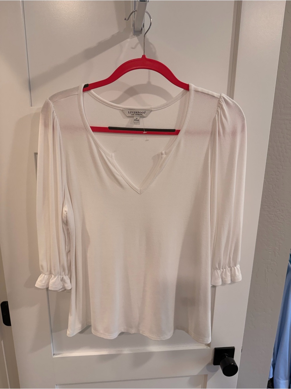 Liverpool Cream V-Neck Long Sleeve Ruffle Cuff Top